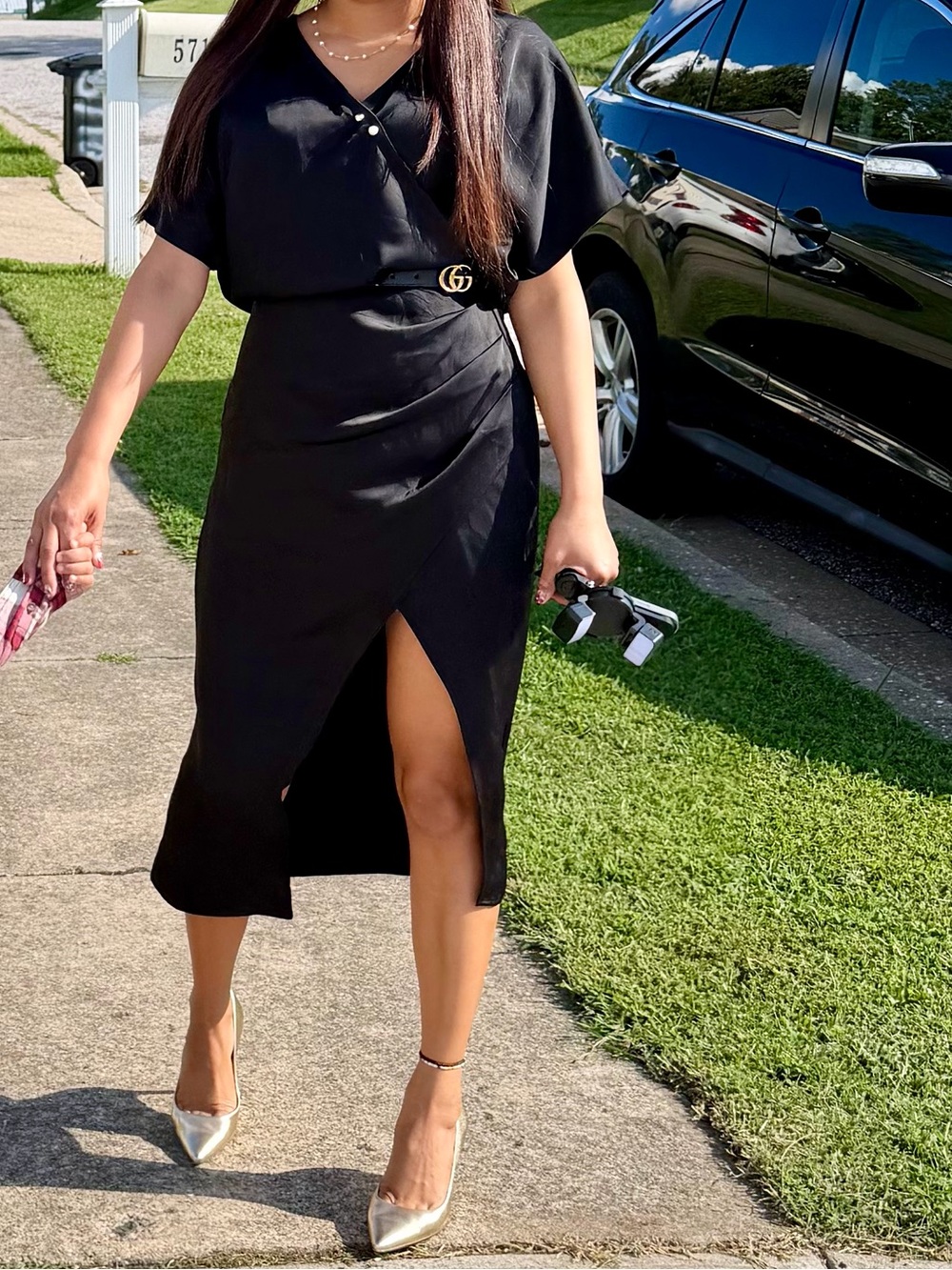 HALARA Black Wrap Midi Dress with Front Slit